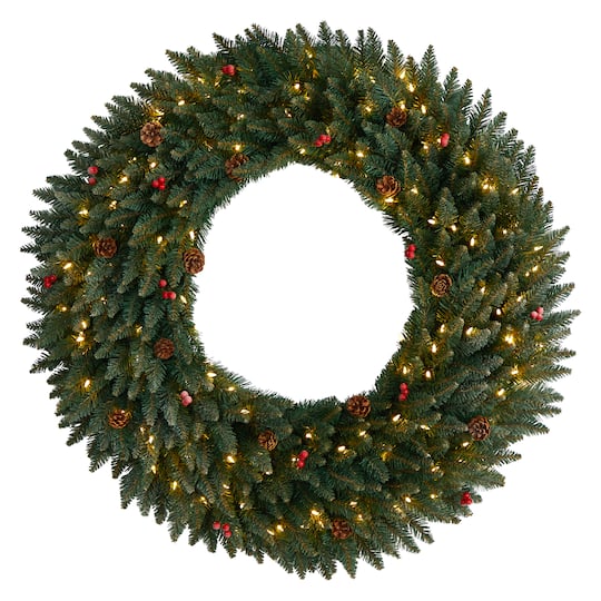 4ft. Clear LED Lights Flocked Artificial Christmas Wreath With Pinecones & Berries